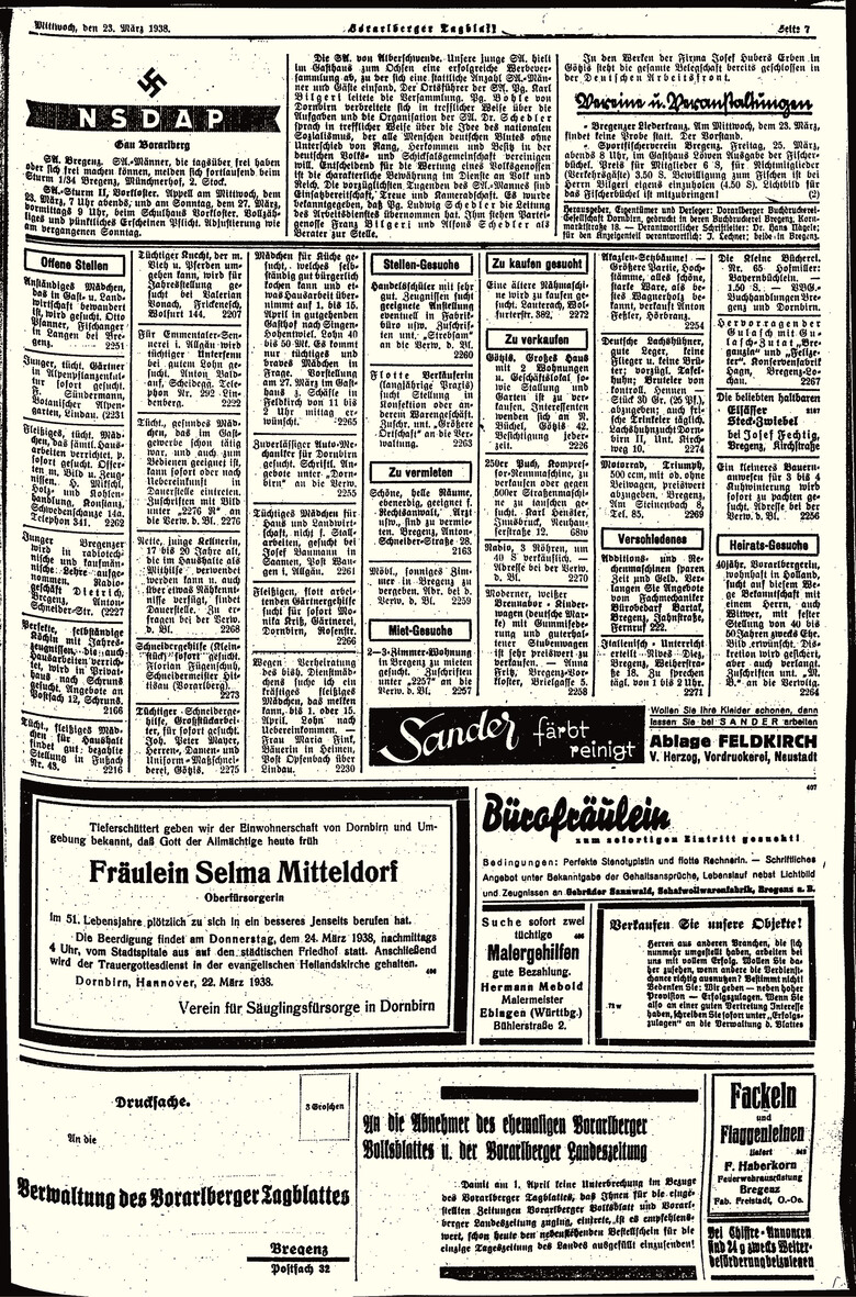 Das Vorarlberger Tagblatt vom 23.03.1938 informierte die Öffentlichkeit über den Tod von Selma Mitteldorf