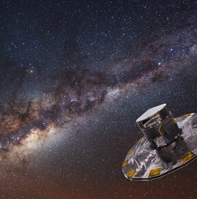 Das Weltraum-Teleskop Gaia; im Hintergrund die Sterne der Milchstraße