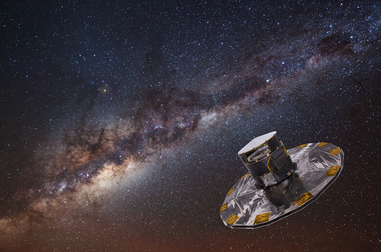 Das Weltraum-Teleskop Gaia; im Hintergrund die Sterne der Milchstraße